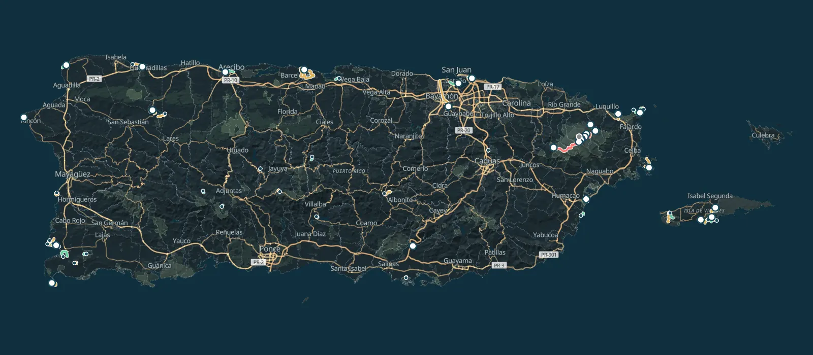 A terrain map of Puerto Rico, Vieques and Culebra with every hiking trail marked
