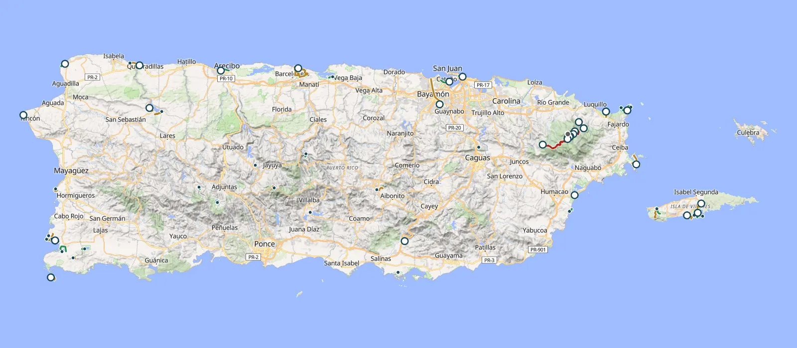 A terrain map of Puerto Rico, Vieques and Culebra with every hiking trail marked